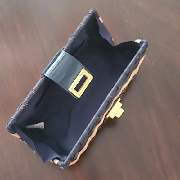 J.Crew natural Navy wicker basket patent leather brass buckle purse - Picture 6 of 8